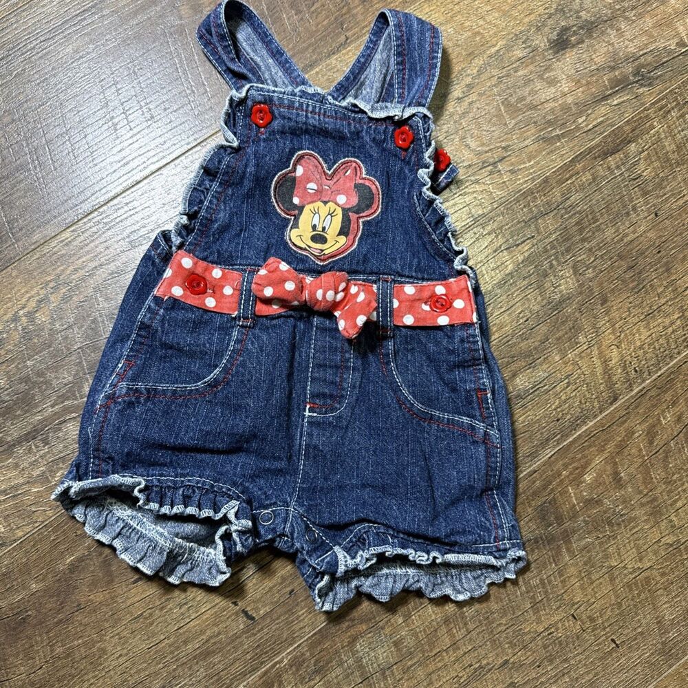 Vintage Disney Minnie Mouse Overalls Girls 18M Kids Toddler Shortalls Ruffles